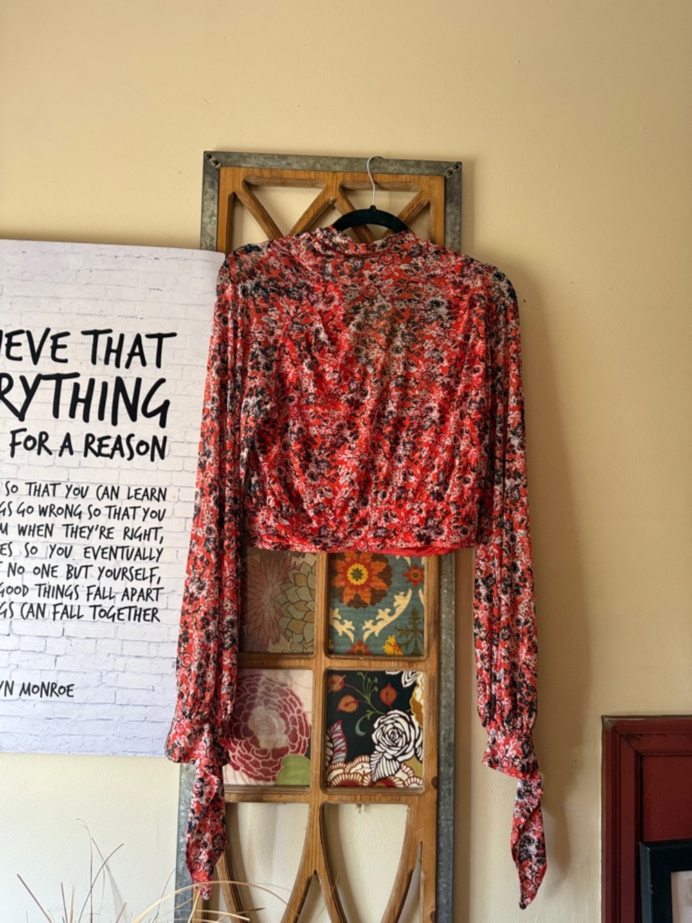 Free PeopleFloral Red Long-Sleeve Sheer Top